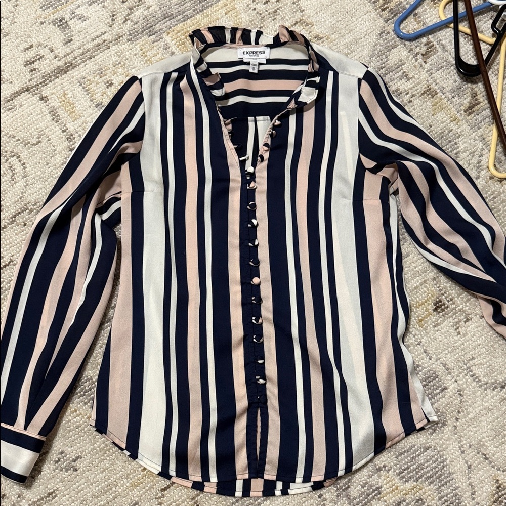 Express Women's Button-Down Shirt - Navy, Cream, and Pink Stripes